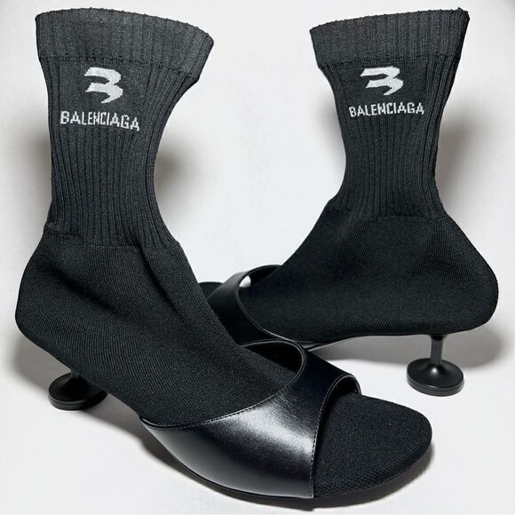 Balenciaga Leather & Knit Sock Booties in Black - Picture 2 of 9